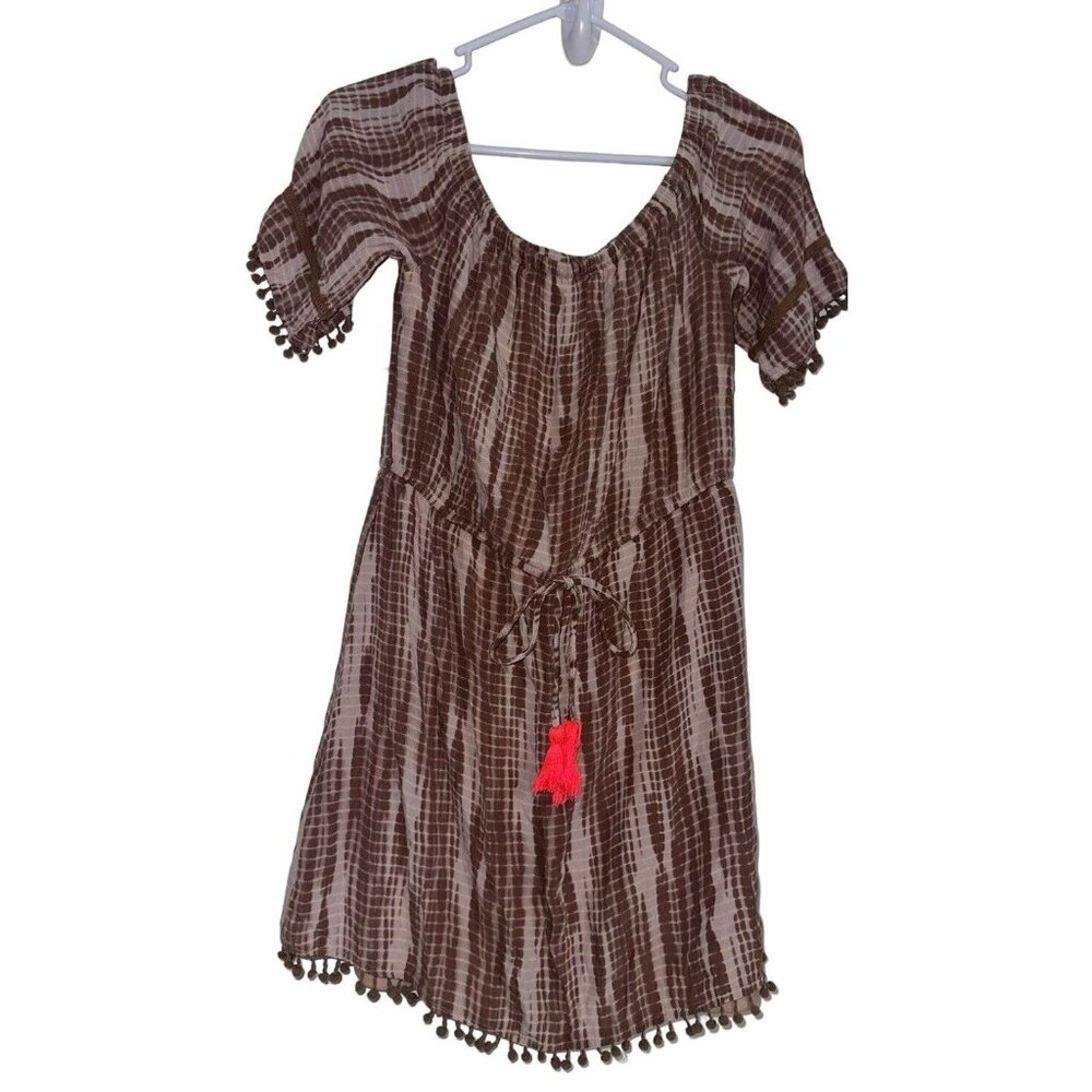 Dizzy Lizzy Off Shoulder Mini Dress Sz M Brown Tan Boho Hippie Festival